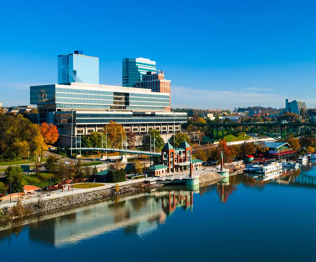 An image of the Knoxville riverfront with the City County building