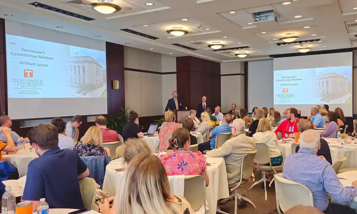 An image of the TN Civics Academy conference, Bill Lyons giving a talk about why Tennessee's constitution matters.