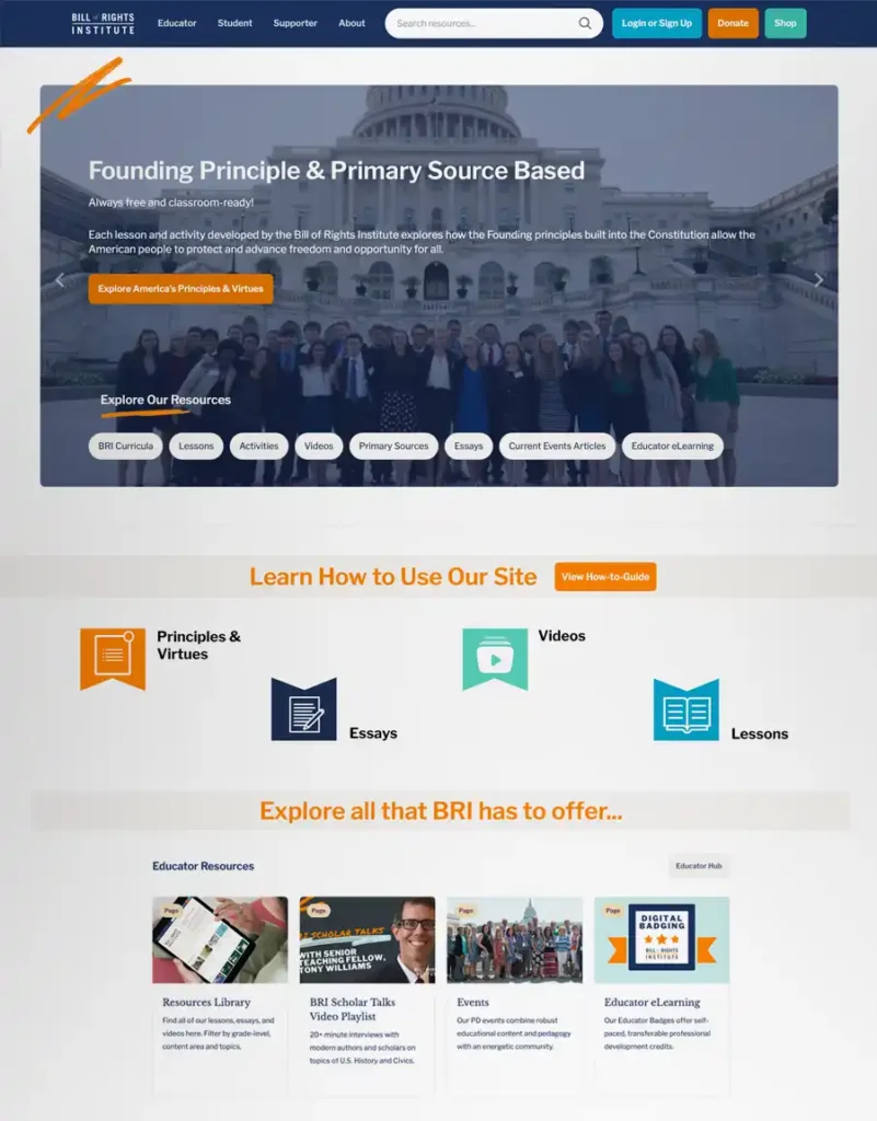 A screen capture of the Bill of Rights Institute website