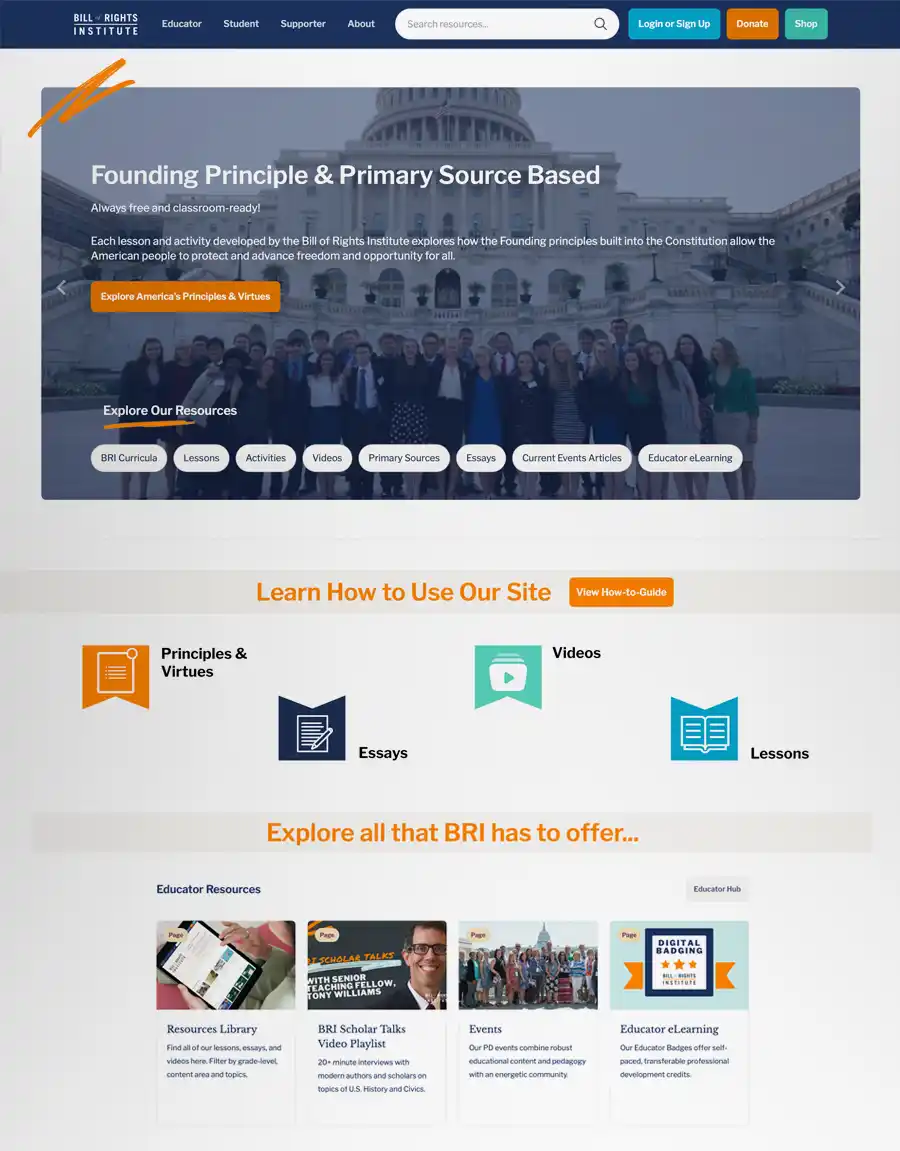 A screen capture of the Bill of Rights Institute website