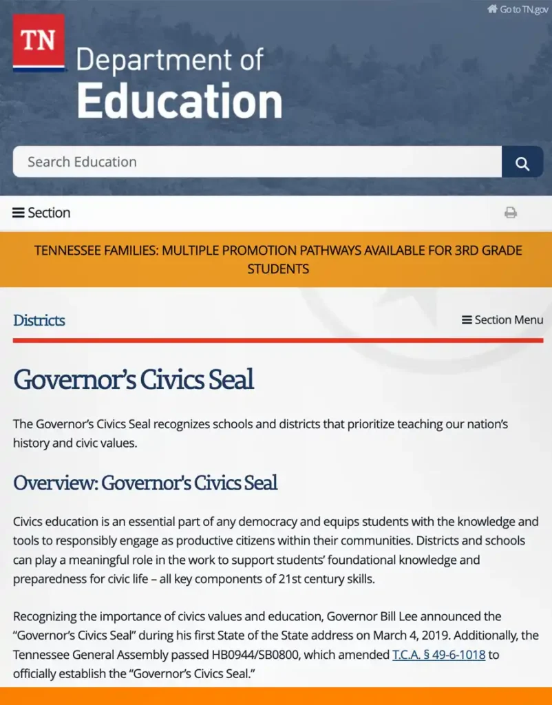 A screen capture of the Governor's civic seal webpage