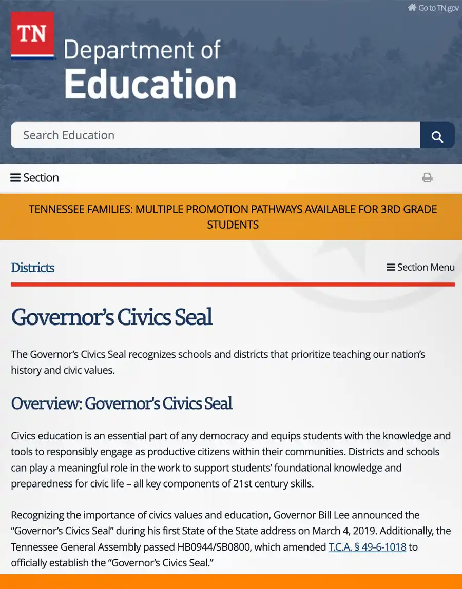 A screen capture of the Governor's civic seal webpage