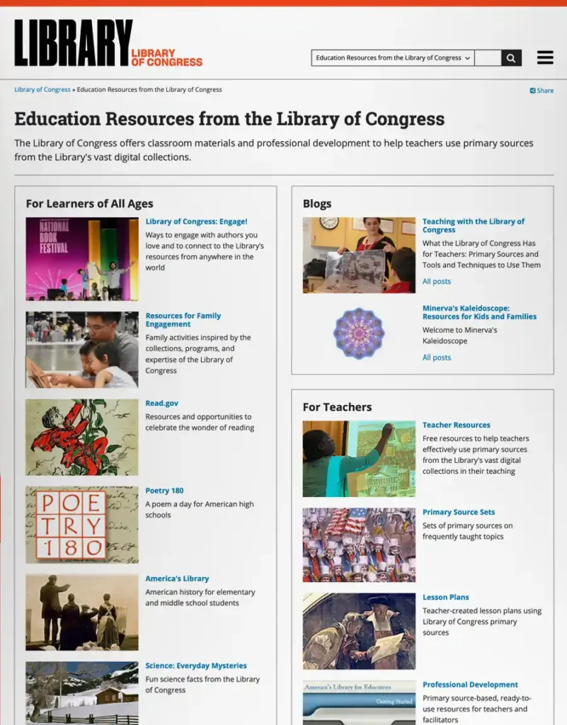 A screen capture of the Library of Congress education resources website