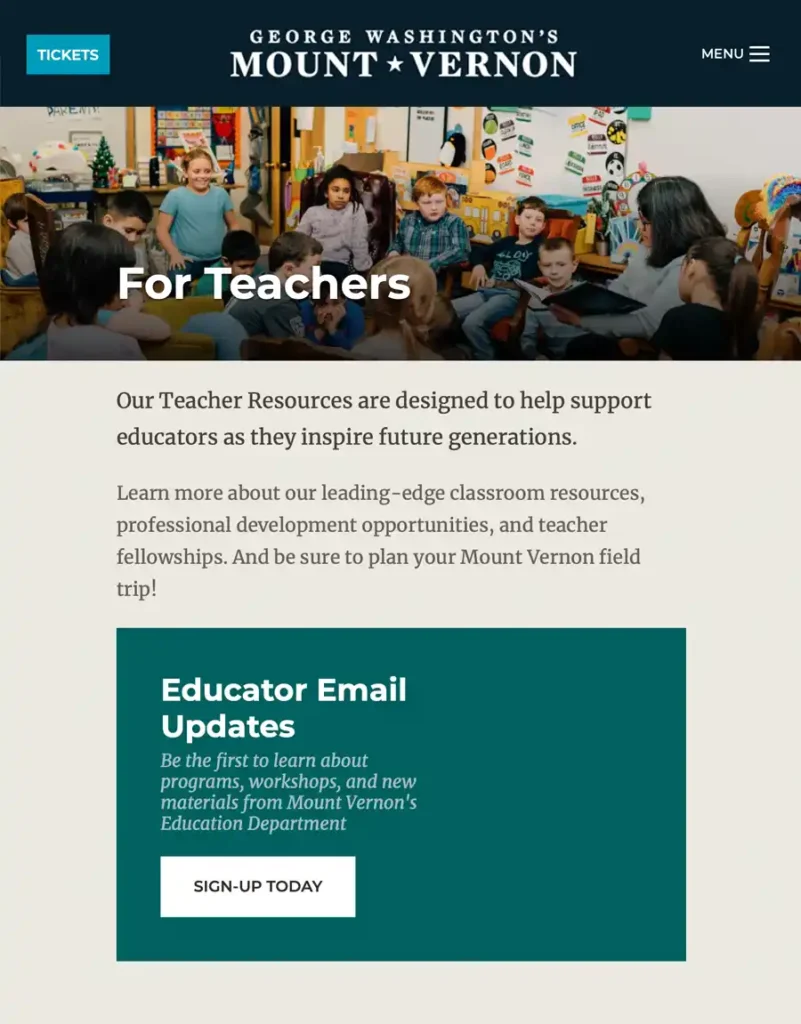 A screen capture of the Mount Vernon website