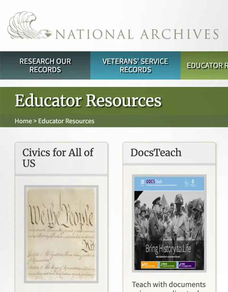 A screen capture of the National Archives – Educator Resources website