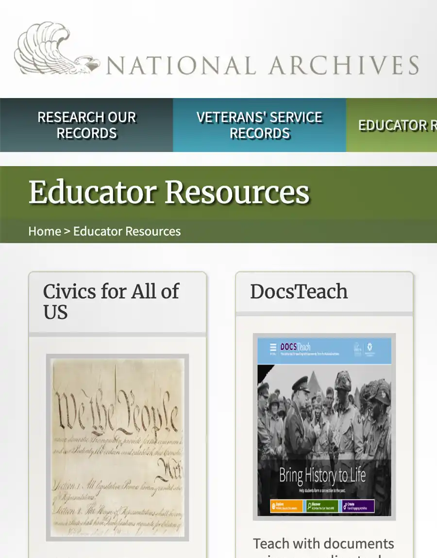 A screen capture of the National Archives – Educator Resources website