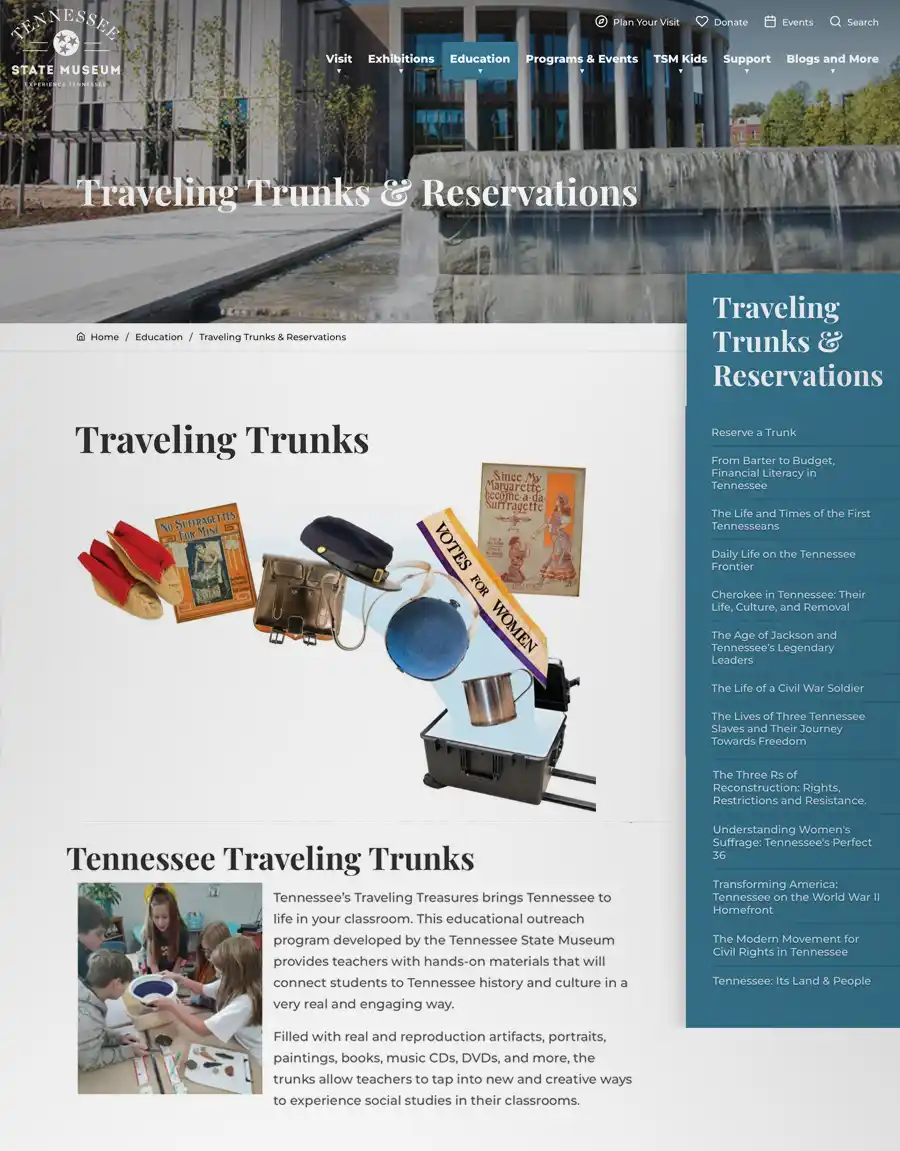 A screen capture from the Traveling Trunks webpage