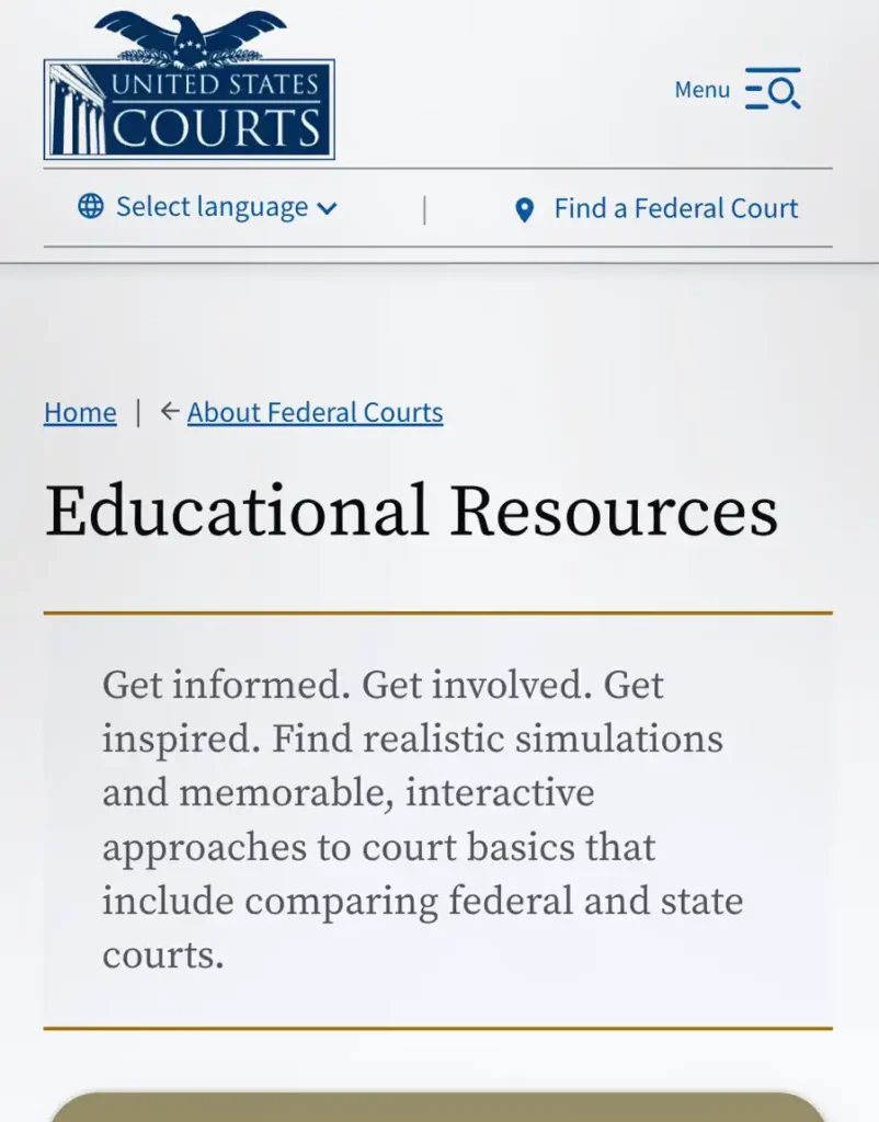 A screen capture of the United States Courts – Educational Resources webpage