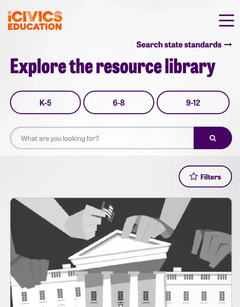 A screen capture of the iCivics Education website
