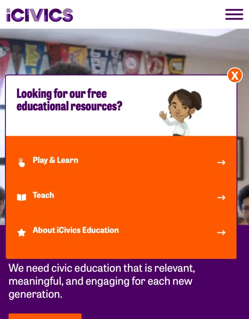 A screen capture of the iCivics website