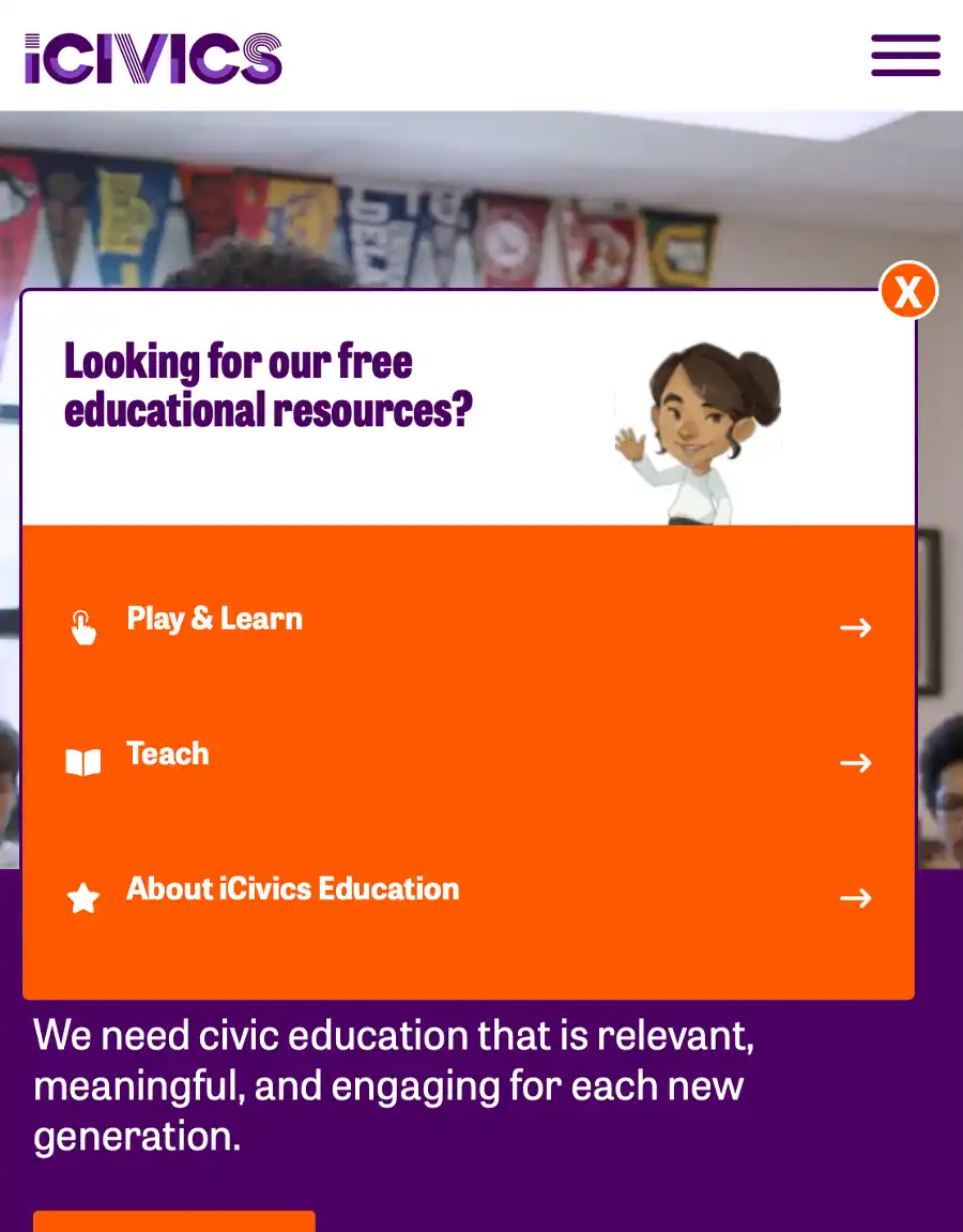 A screen capture of the iCivics website