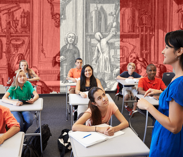 Lesson Cover Page: Create Your Own Enlightened School: Using Enlightenment Philosophy to Create a Democratic High School — An image of students listening to their teacher