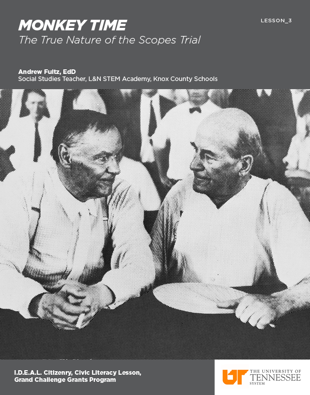 Lesson Cover Page: Monkey Time: The True Nature of the Scapes Trial — An image of Clarence Darrow and William Jennings Bryan chatting during the Scopes trail in 1925. (Image credit: Public domain)