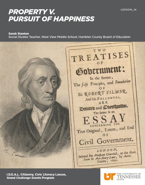 Lesson Cover Page: Property v. The Pursuit of Happiness — An image of The Two Treatises of Government book and an image of John Locke