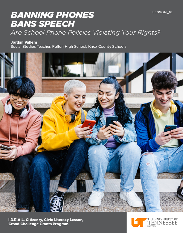 Lesson Cover Page: Banning Phones Bans Speech — An image of four teenagers looking at their phones together