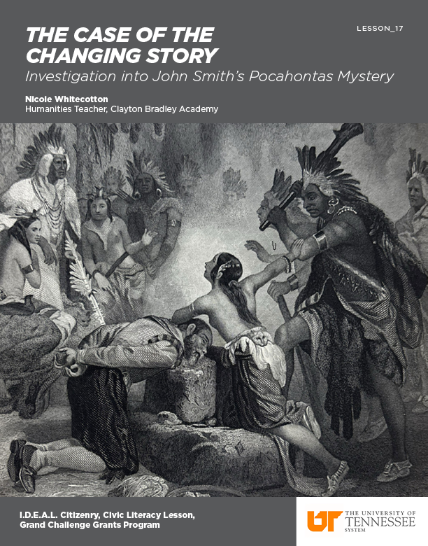 Lesson Cover Page: The Case of the Changing Story — An engraving of Pocahontas saving John Smith