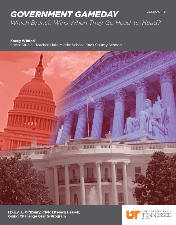 Lesson Cover Page: Government Gameday — An collage of images of the Supreme Court, Congress, and the White House