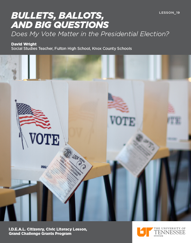Lesson Cover Page: Bullets, Ballots, and Big Questions — An image of voting stalls on election day 