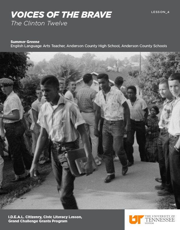 Lesson Cover Page: Voices of The Brave: The Clinton Twelve — An image of The Clinton Twelve walking into school