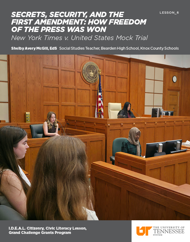Lesson Cover Page: Secrets, Security, and the First Amendment: How Freedom of the Press Was Won: New York Times v. United States Mock Trial — An image of high school aged children in a courtroom performing a mock trial.