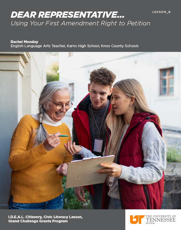 Lesson Cover Page: Dear Representative...: Using Your First Amendment Right to Petition — An image of high school age students knocking on doors with a petition and talking with a retired age woman.